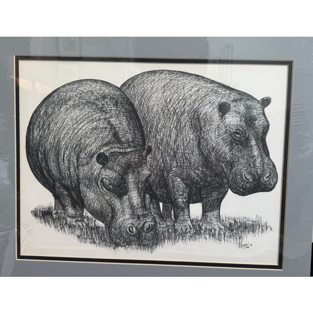 Vintage R Haugland Hippo Print 1988 Signed Sealed Framed Wildlife Art 16x20